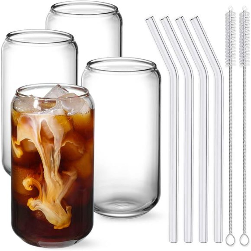 Drinking Glasses With Glass Straw 4pcs Set - 16oz Highball Glass Cups,